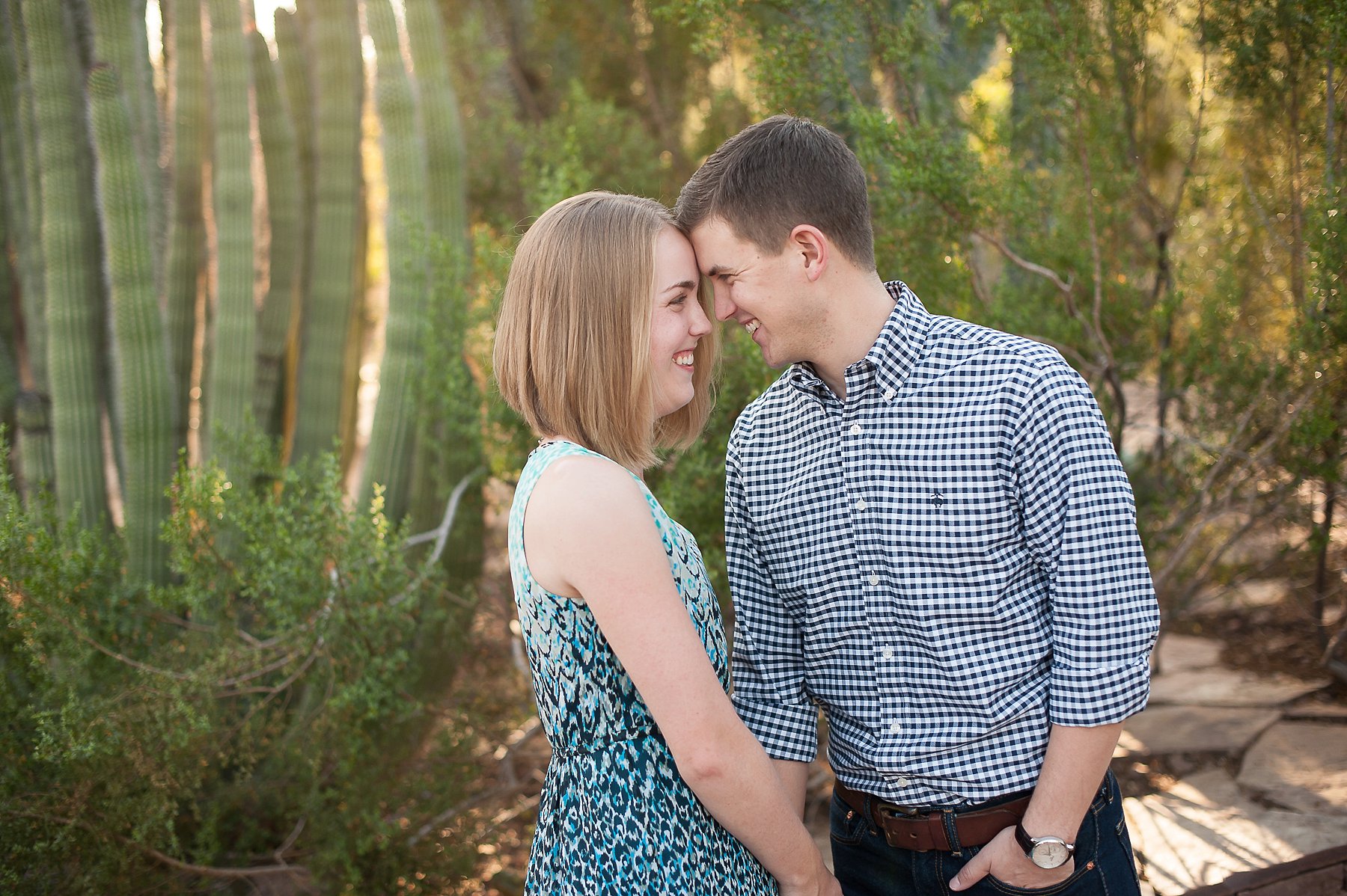 Desert Gardens Engagement Couple Smiling Embracing AZ Photographer 