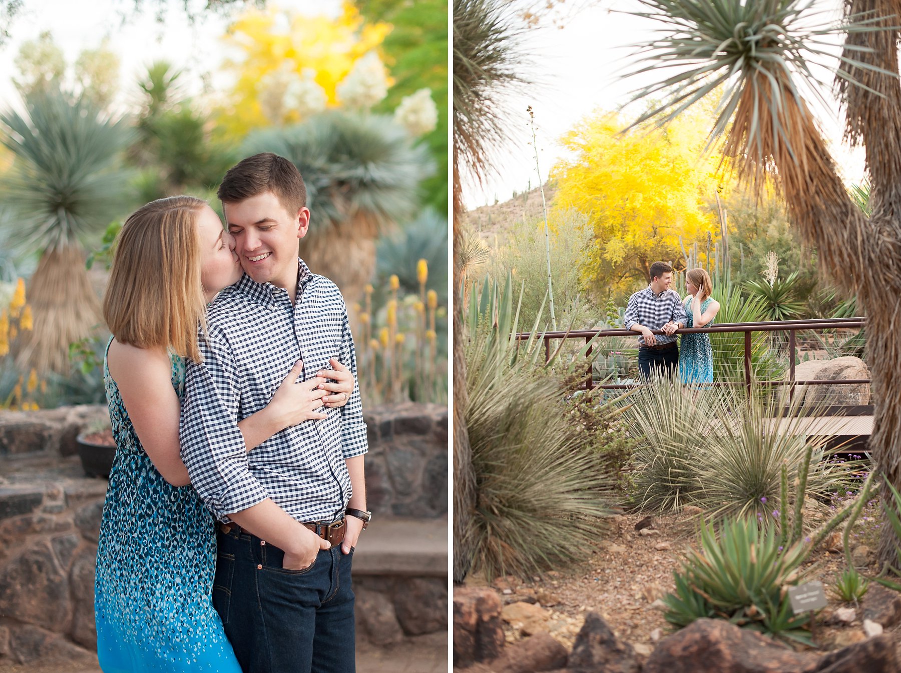 Desert Gardens Engagement Couple Smiling Embracing Kissing AZ Photographer 