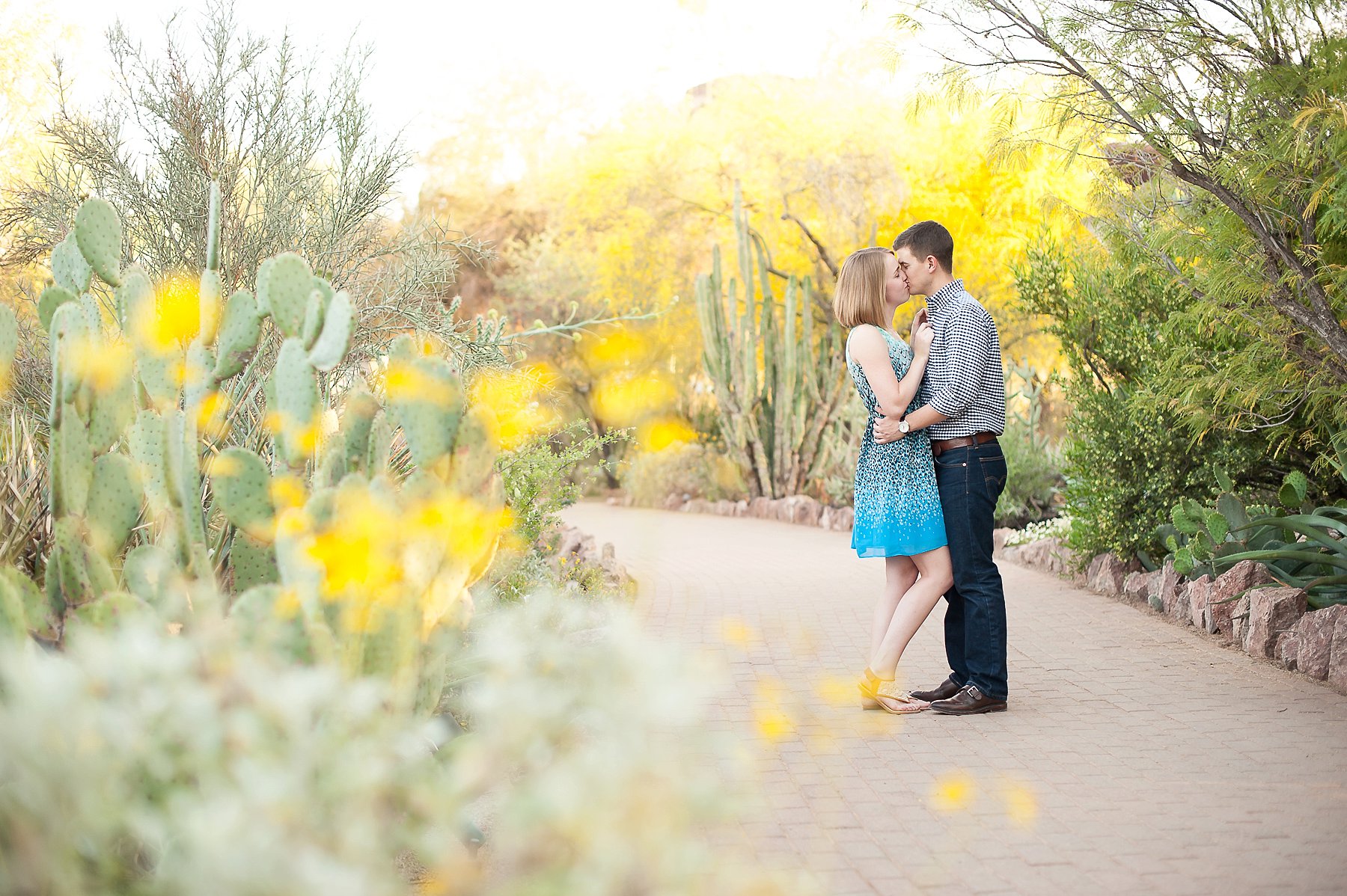 Desert Botanical Gardens Engagement Couple Romantic Kissing Embracing AZ Photographer 