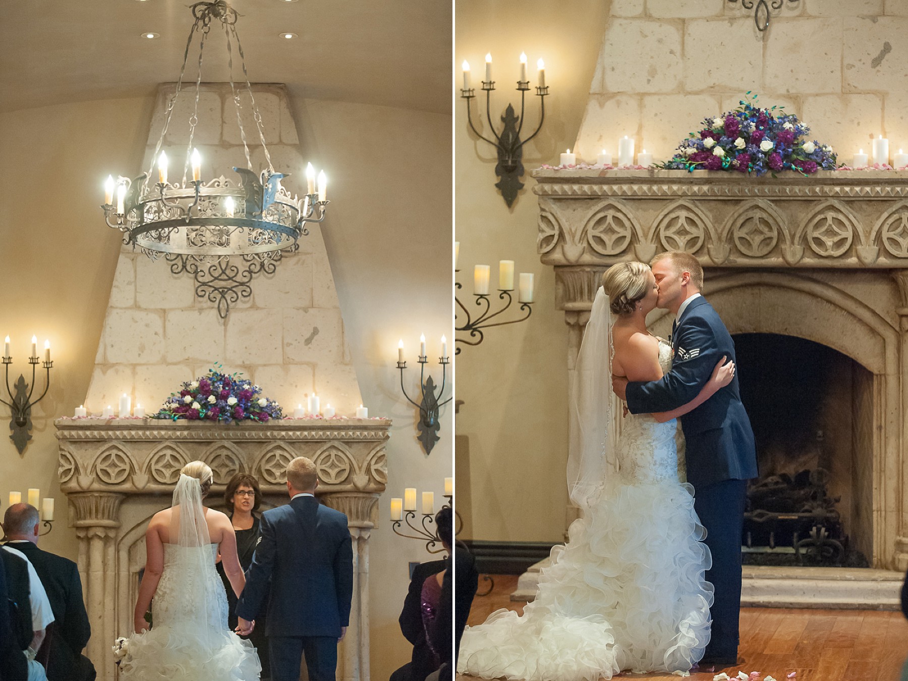 Villa Siena Wedding Bride Groom Kissing Stone Fire Place Gilbert Arizona Photo