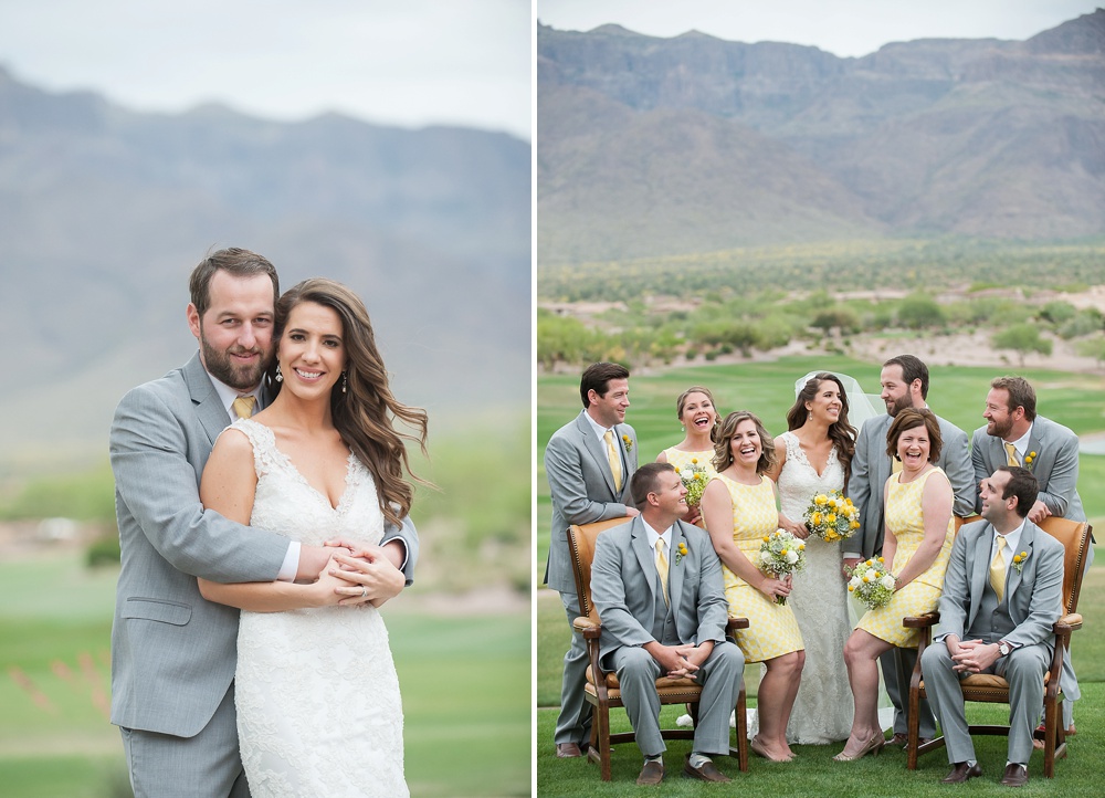 Superstition Mountain Wedding Bride Groom Embracing Smiling Bridal Party Gold Canyon AZ Photographer