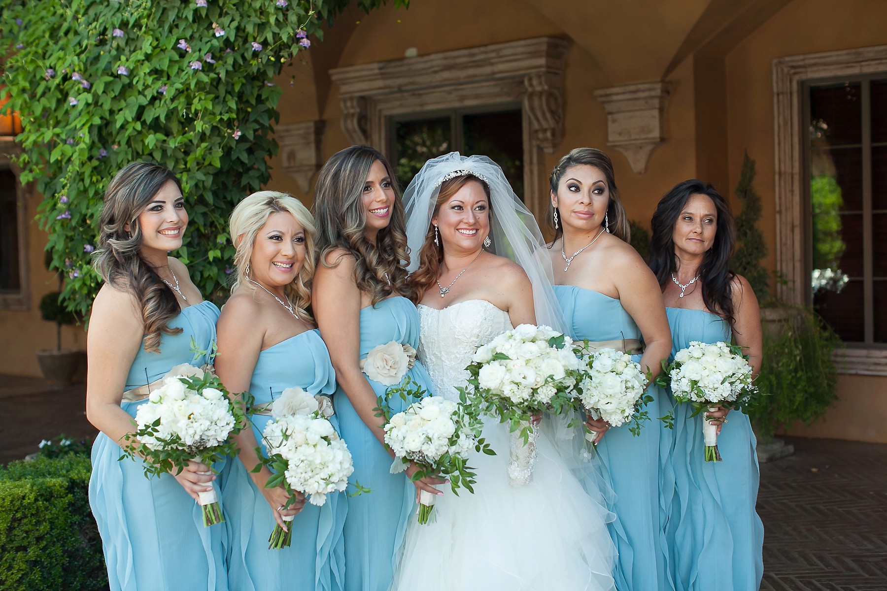 Villa Siena Wedding Bride Bridesmaids Smiling Aqua Flowers Dresses Gilbert Arizona Photos