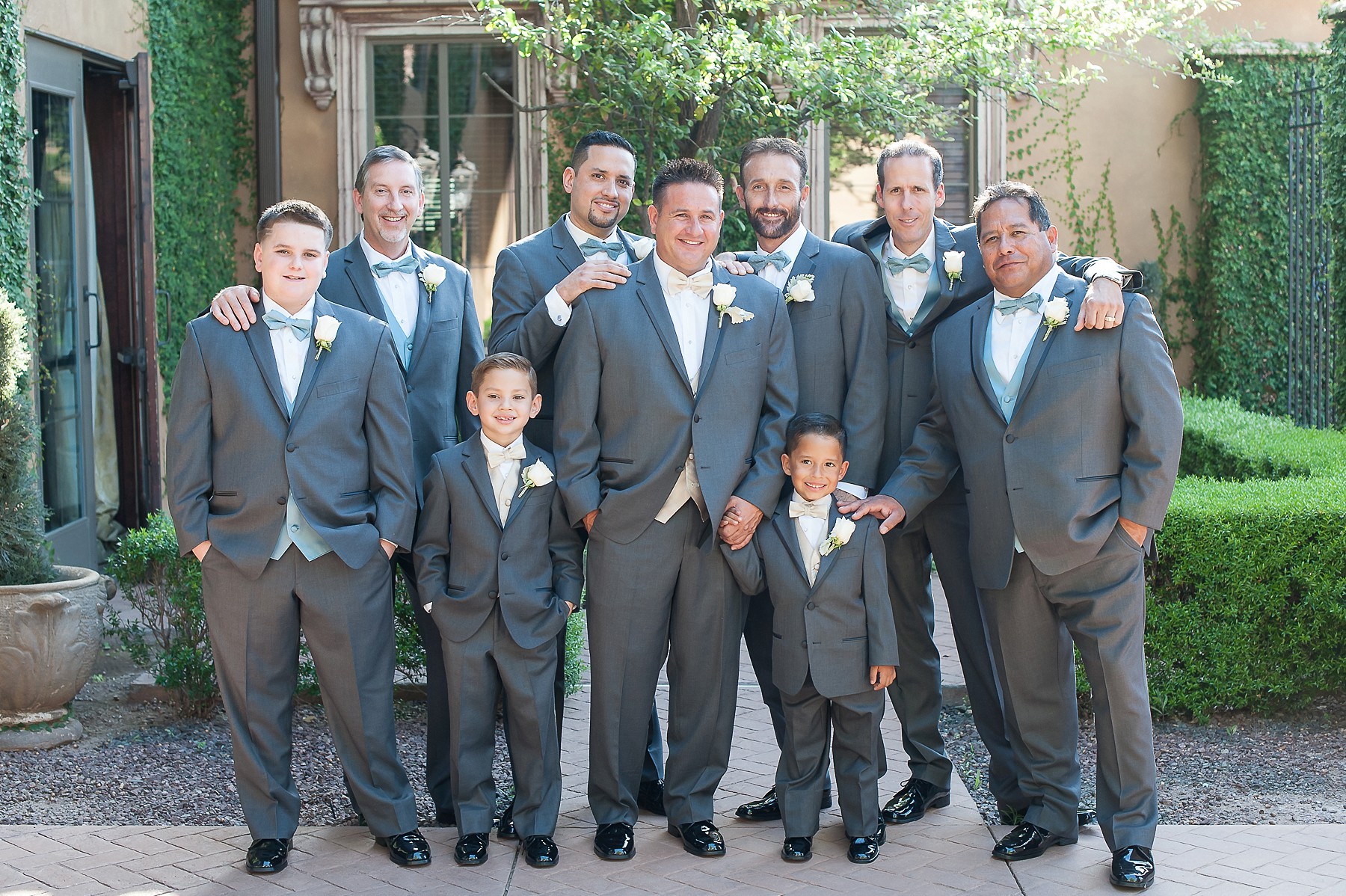 Villa Siena Wedding Groom Groomsmen Grey Tux Smiling Gilbert Arizona Photos