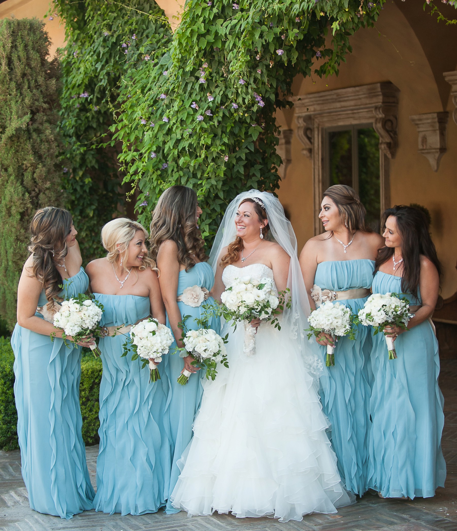 Villa Siena Wedding Bride Bridesmaids Aqua Dress Bouquets Smiling Gilbert Arizona Photos