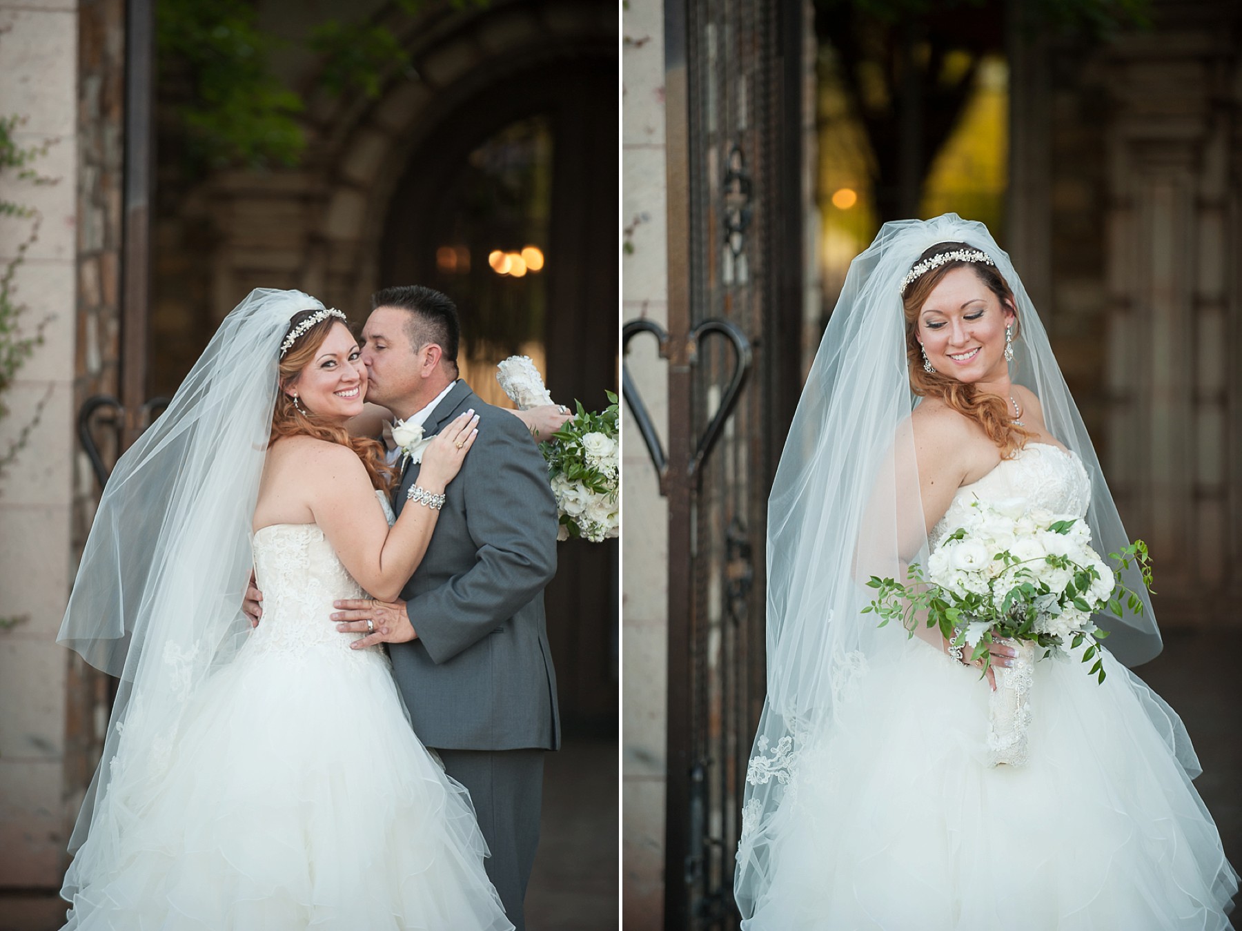 Villa Siena Wedding Bride Groom Embracing Smiling Kissing Dress Bouquet Gilbert Arizona Photos