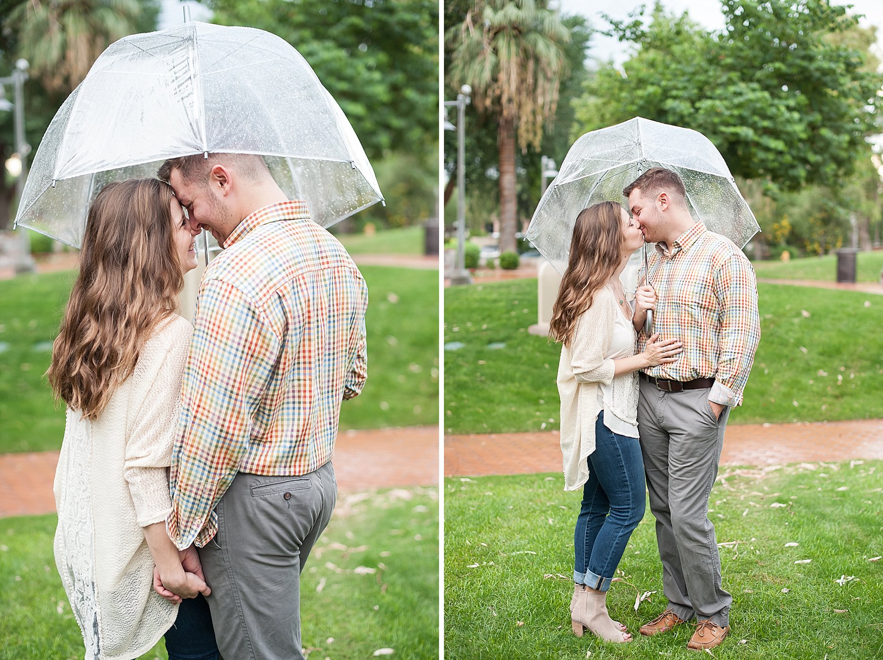 Scottsdale Engagement Couple Kissing Umbrella Raining Arizona Photo