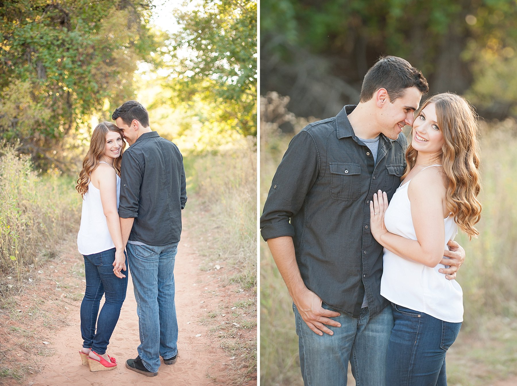 Red Rock Engagement Couple Smiling Dirt Road Red Shoes Sedona Arizona Photo