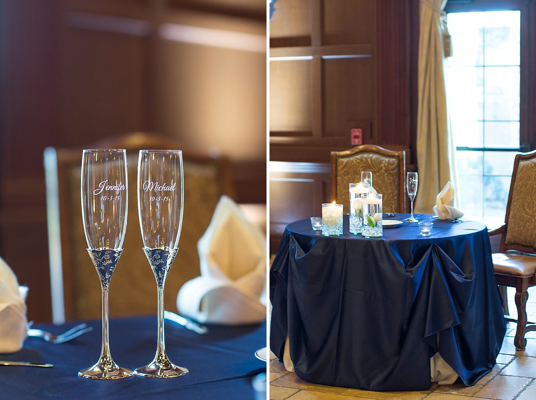 Villa Siena Navy & Grey Wedding Reception Champagne Flute Navy Linen Gilbert AZ Photo
