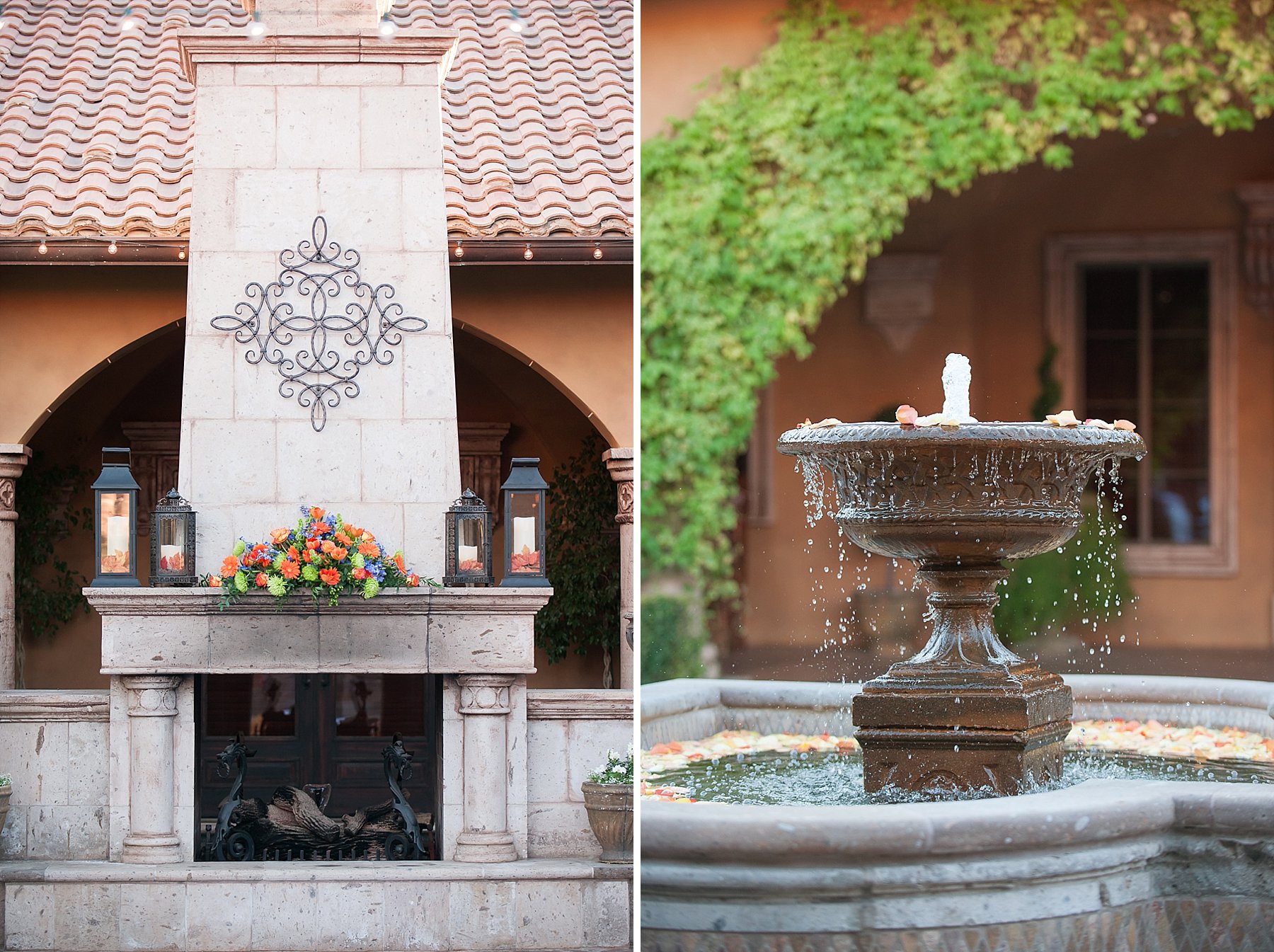 Villa Siena Wedding Firplace Mantle Lanterns Water Fountain Gilbert Arizona Photo