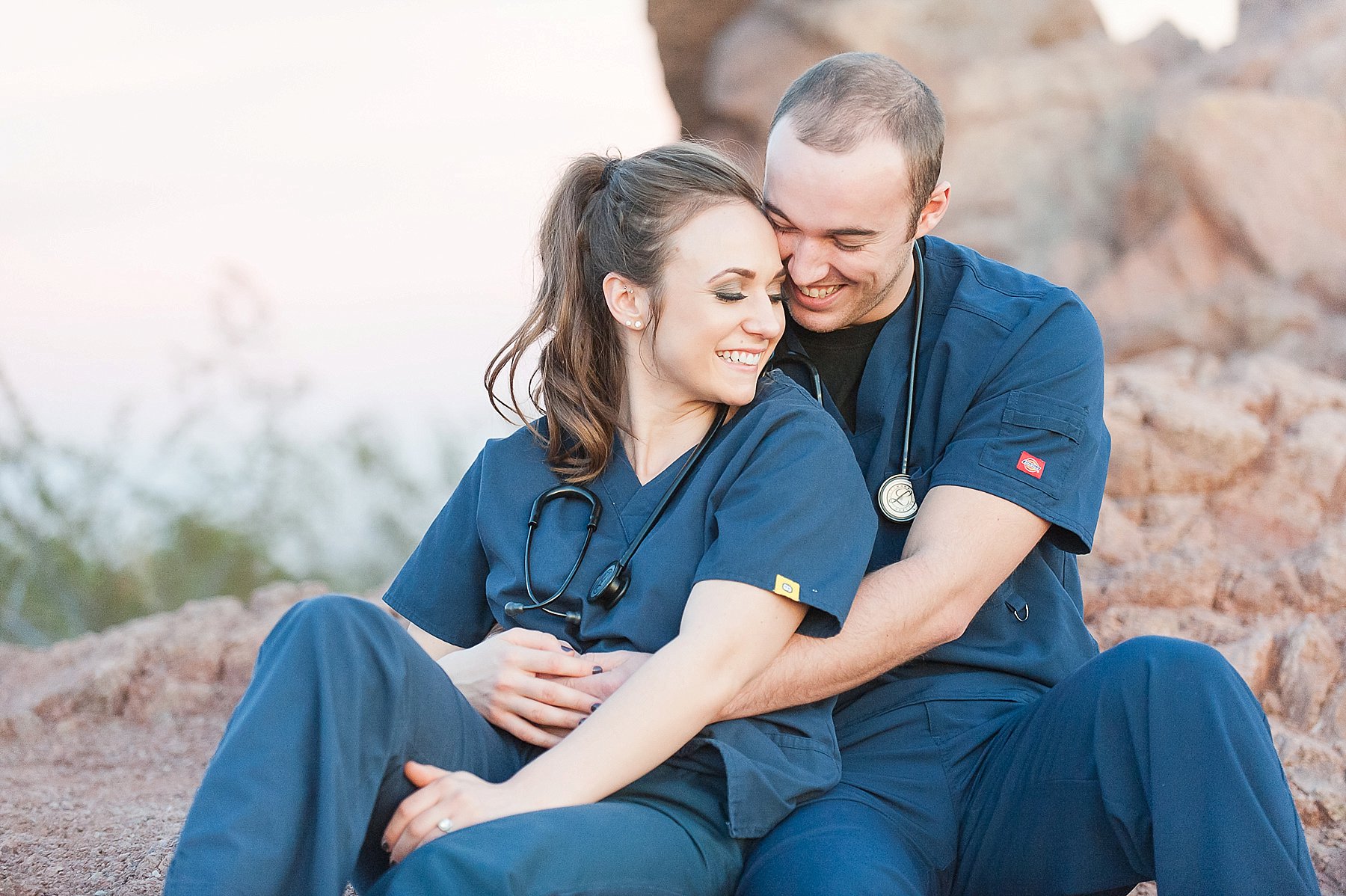 Papago Park Engagement Nursing Couple Scrubs Stethoscope Phoenix Arizona Photo