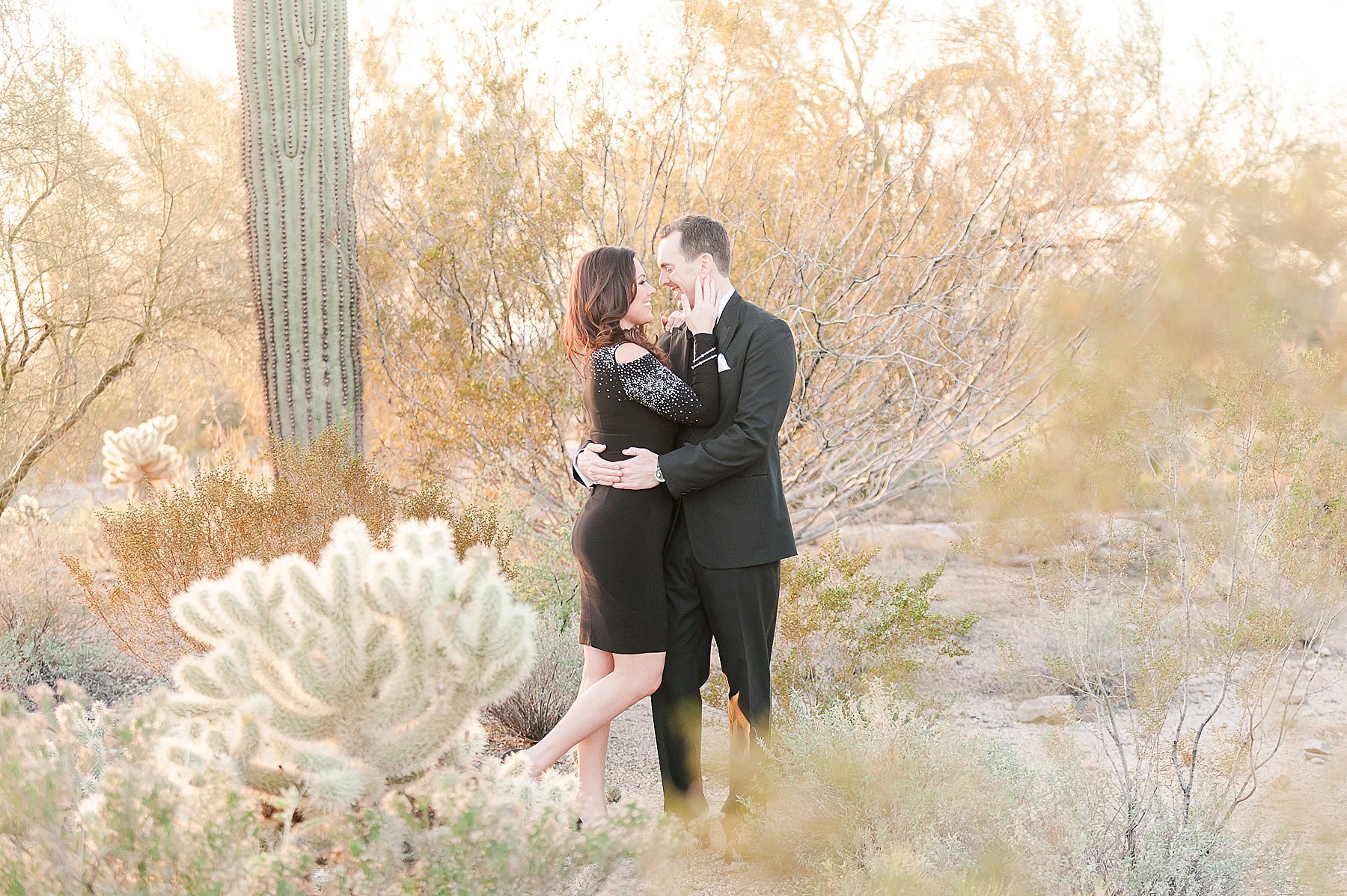 Scottsdale Desert Engagement Couple Hugging Cactus Arizona Photo