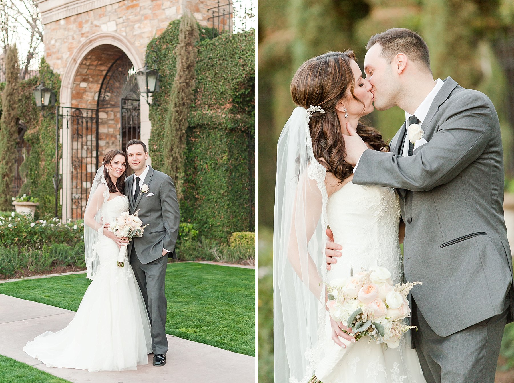 Gray Blush Wedding Bride Groom Kissing Villa Siena Gilbert Arizona Photo