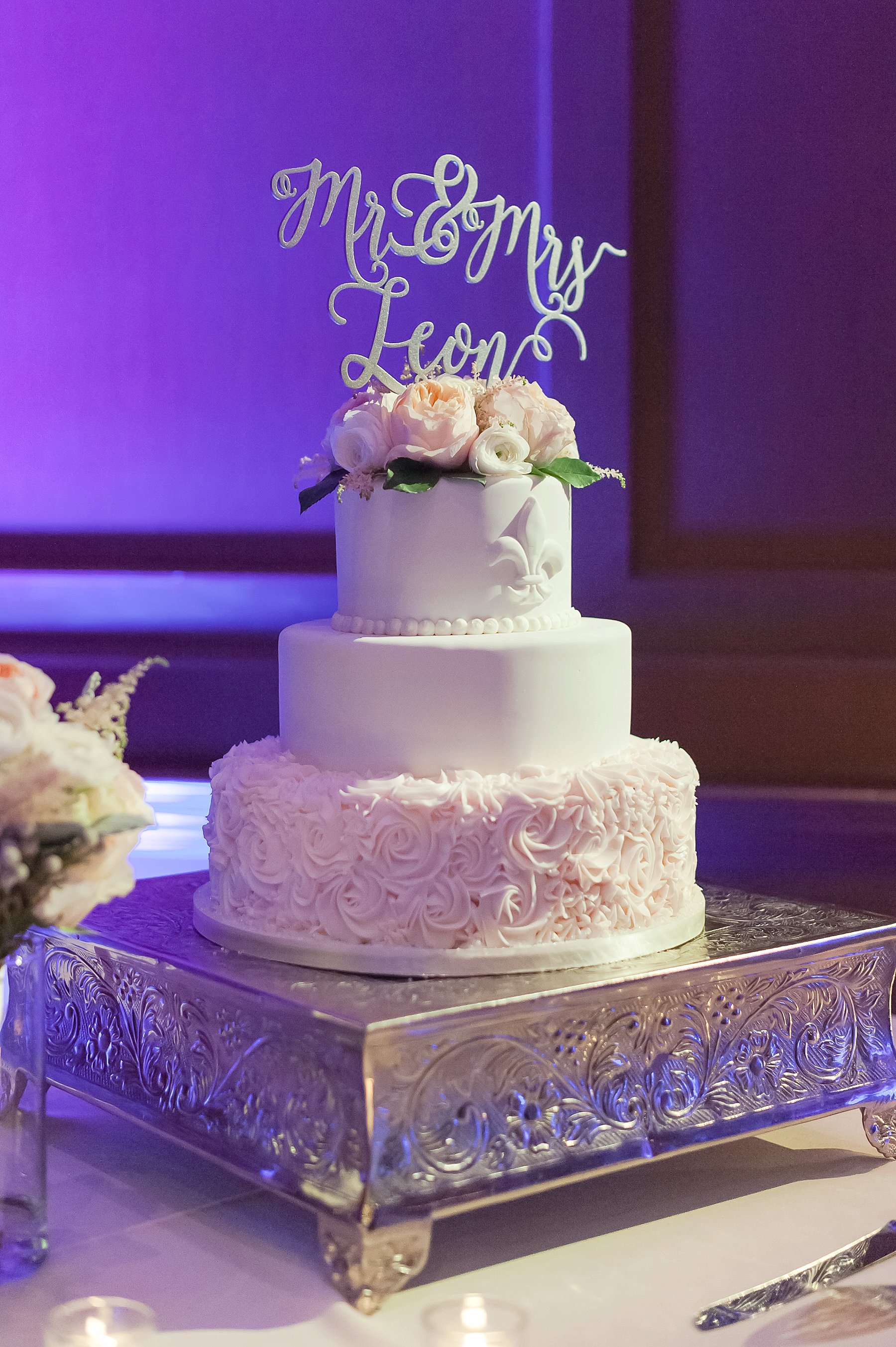 Blush Wedding Centerpieces Purple Uplighting Cake Villa Siena Gilbert Arizona Photo