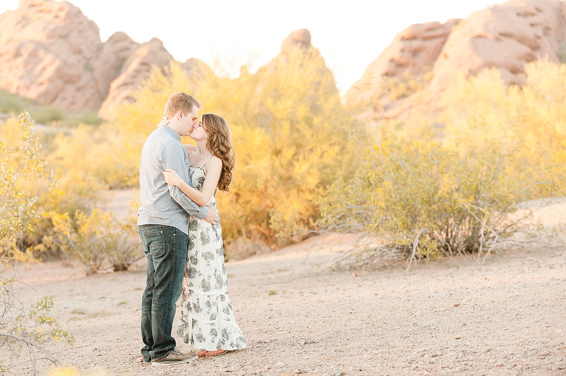 Golden Desert Engagement Romantic Couple Kissing Phoenix AZ Photo
