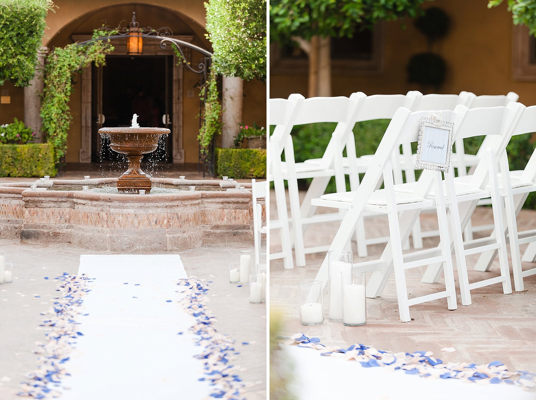 Blue Peach Villa Siena Wedding Courtyard Water Fountain Chairs Gilbert AZ Photo