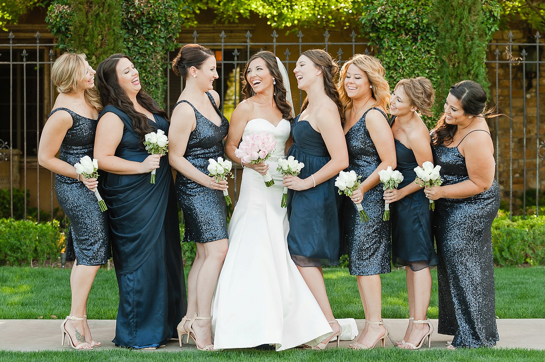 Navy and Gray Villa Siena Wedding Bridesmaids Laughing Gilbert AZ Photo