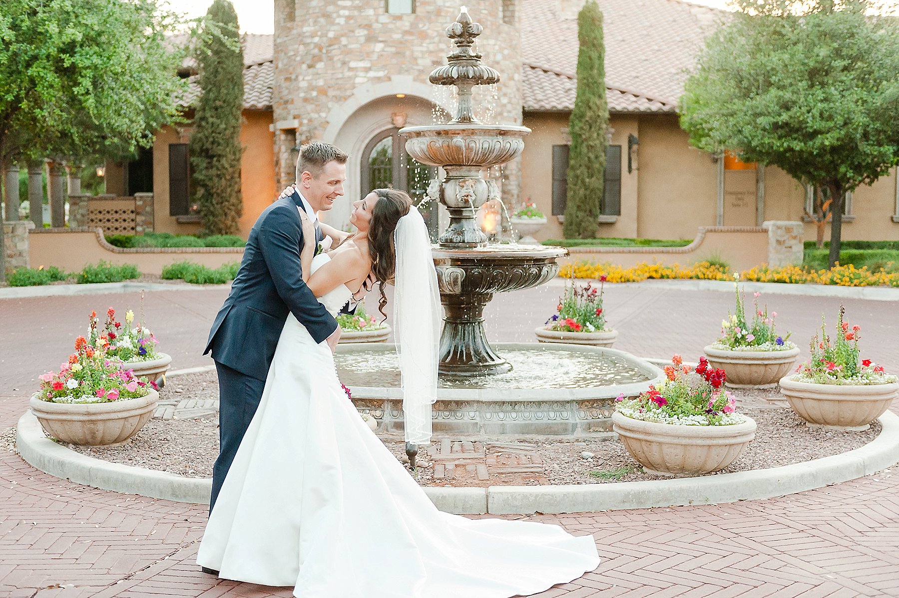 Navy and Gray Villa Siena Wedding Bride Groom Water Fountain Gilbert AZ Photo