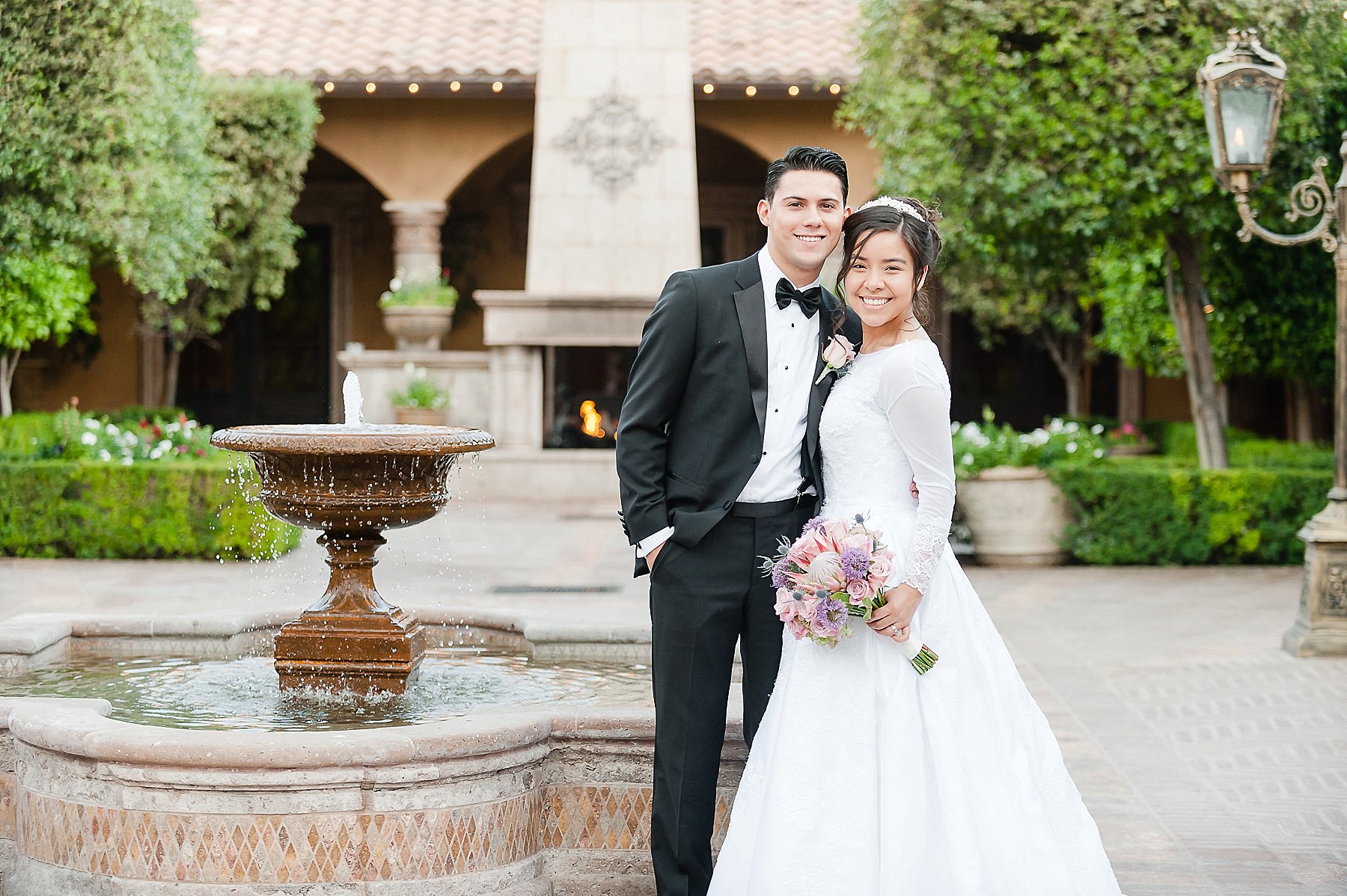 Villa Siena Classic Wedding Couple by Water Fountain Gilbert Arizona Photo