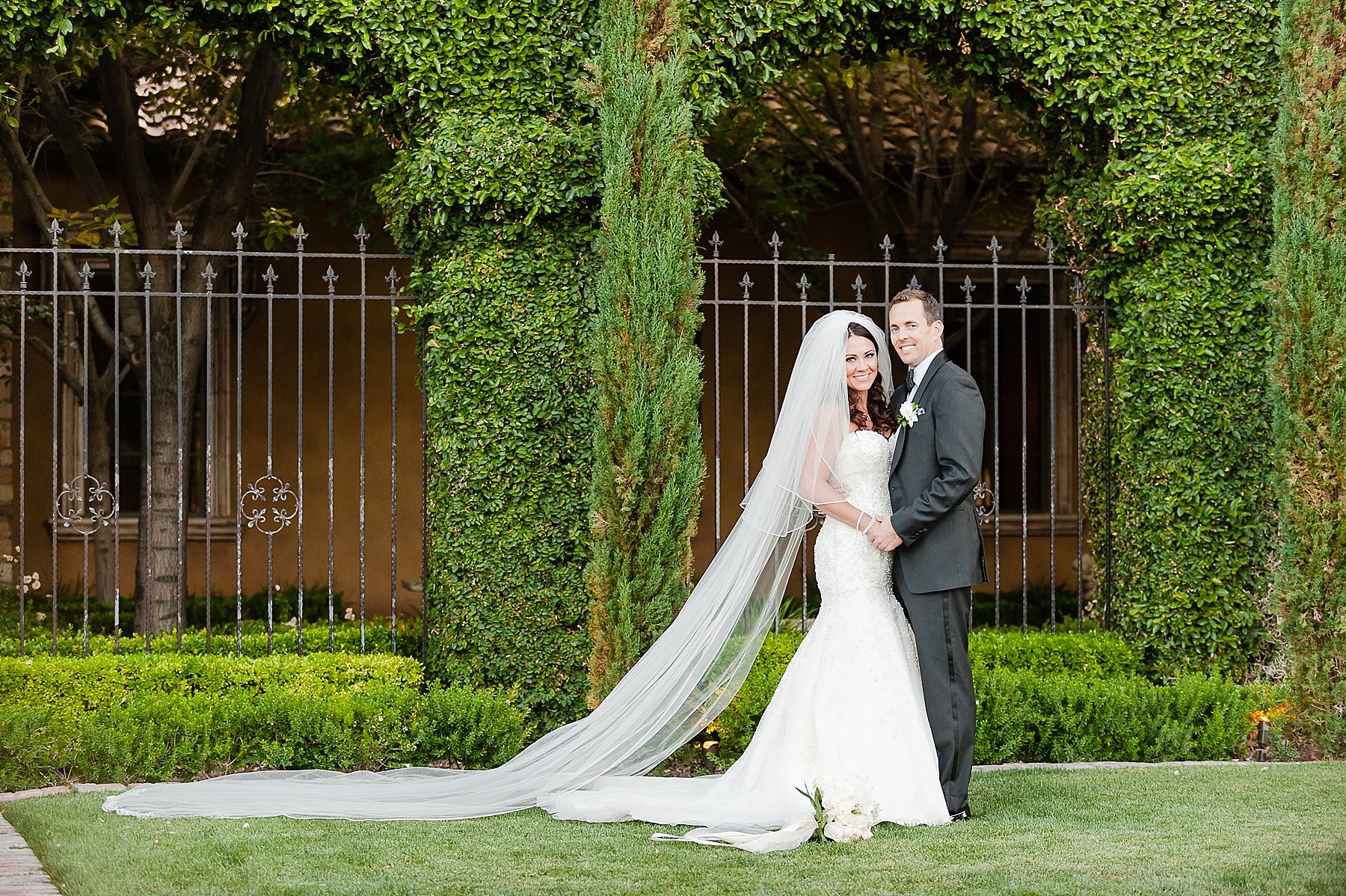 Black Tie Wedding Groom Bride Cathedral Veil Villa Siena Gilbert Arizona Photo