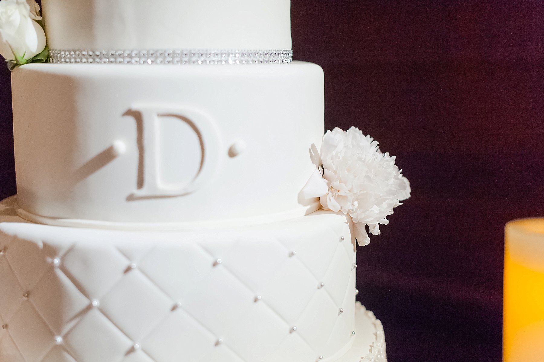 Black Tie Wedding Reception Cake with Monogramed and Flower Villa Siena Gilbert Arizona Photo