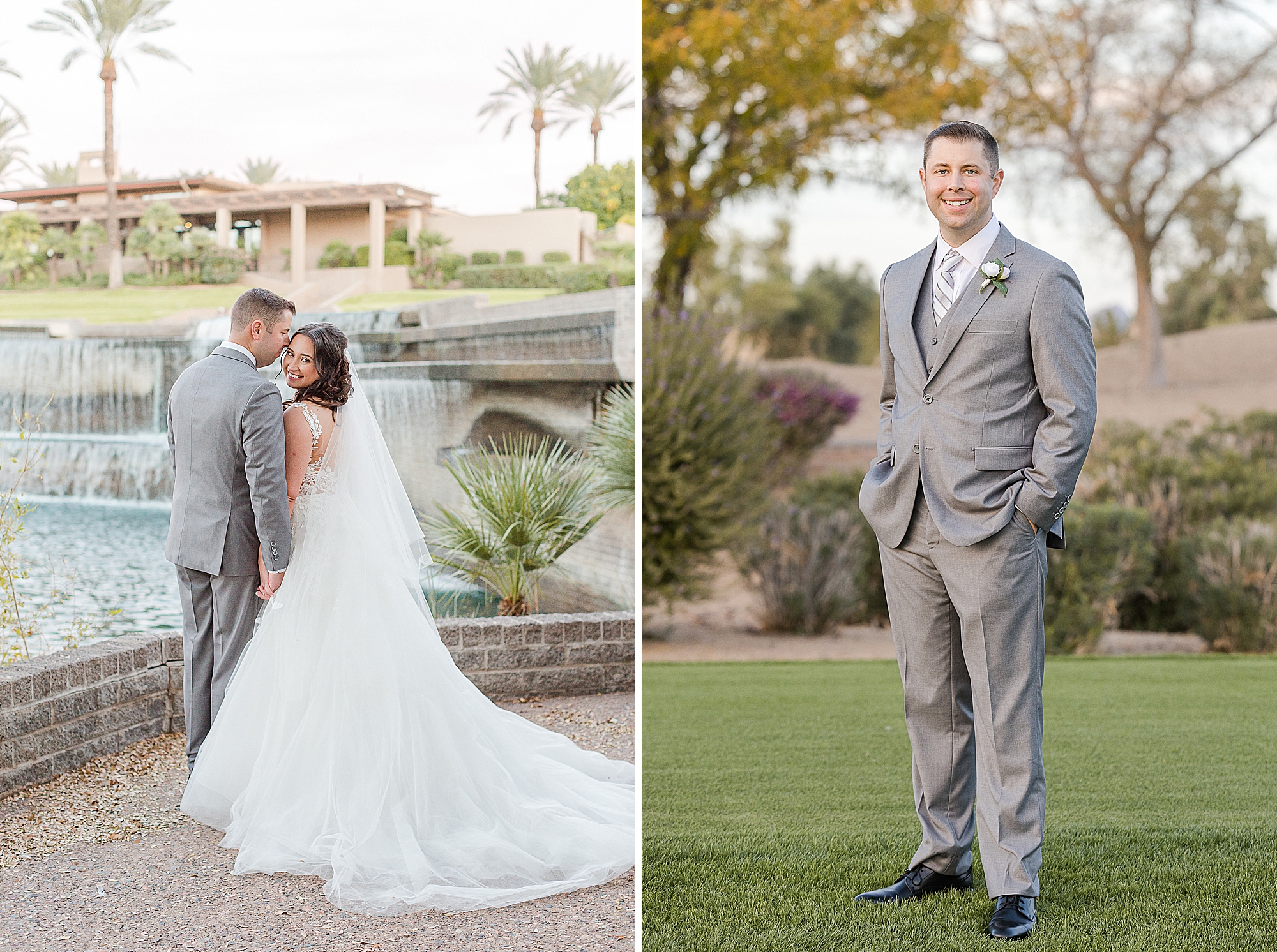 Gainey Ranch Golf Course Wedding Water Fall with Bride and Groom