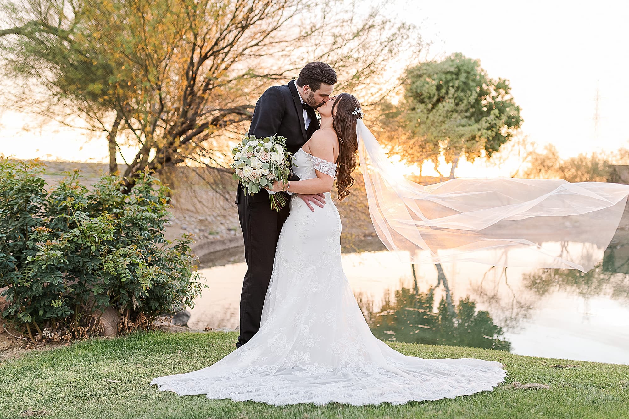McDowell Mountain Golf Club Wedding Bride and Groom Portrait by Water