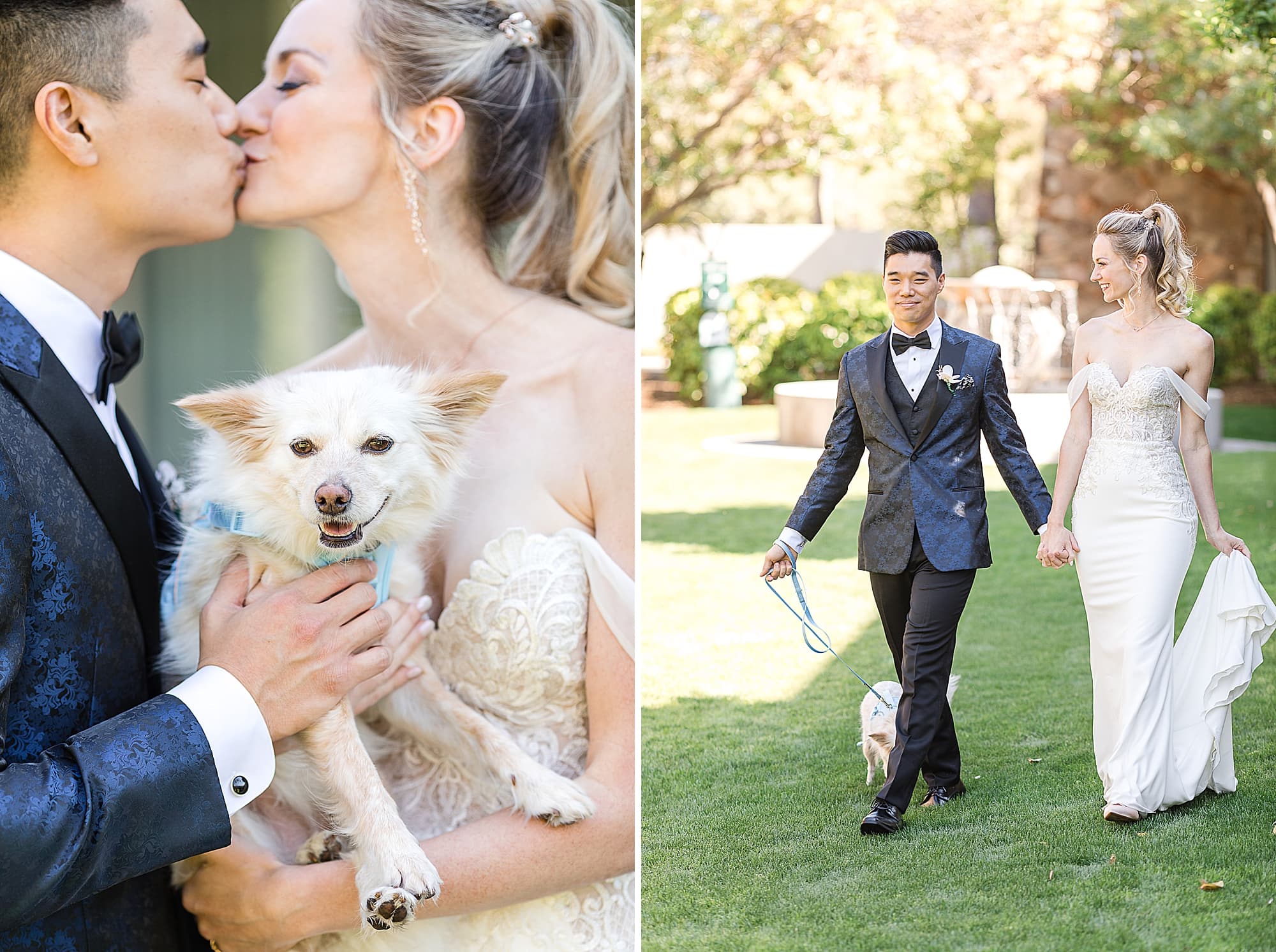 Mid-Century Vibe Wedding couple with dog walking at Hotel Valley Ho