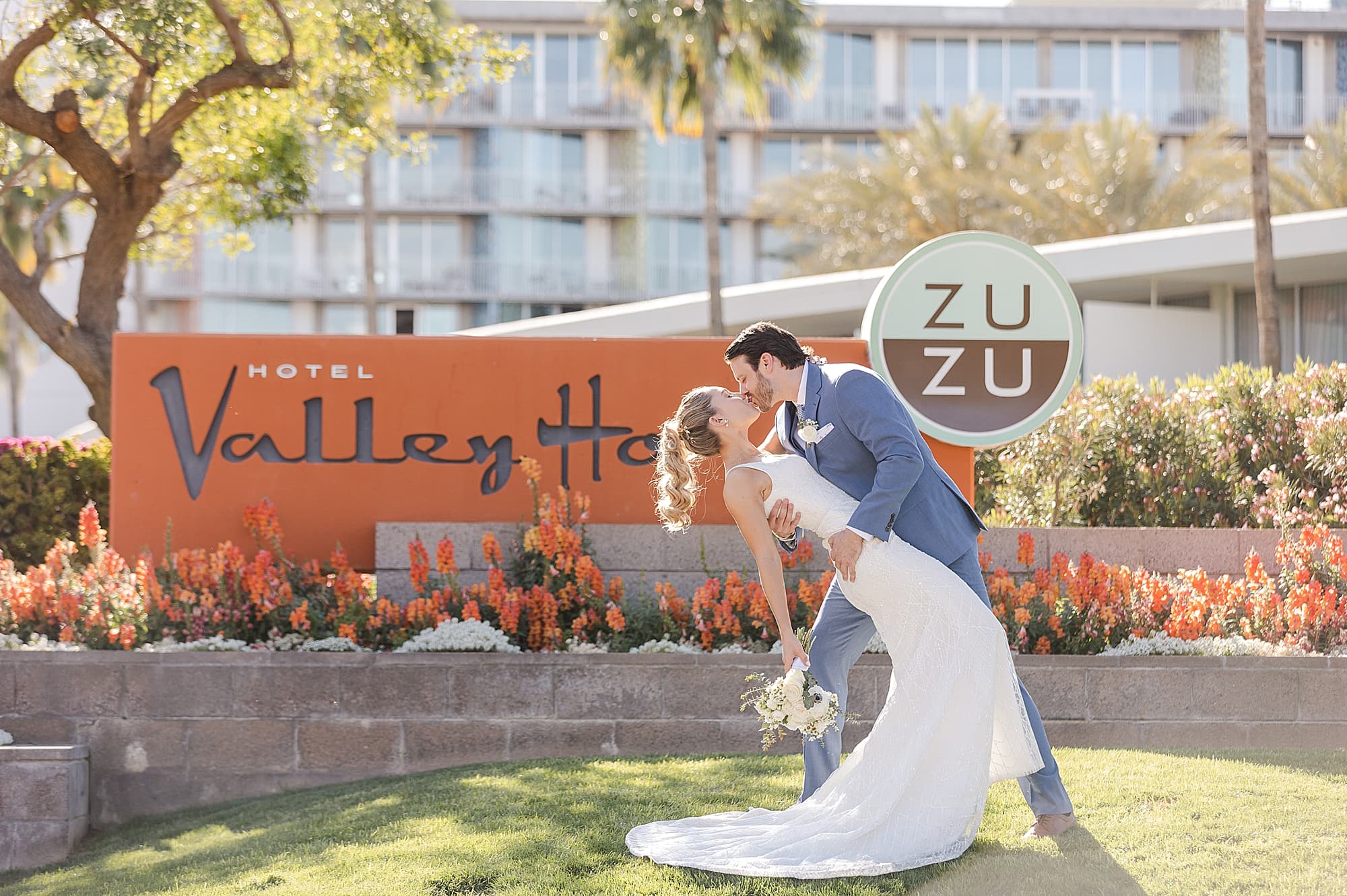 Old Town Scottsdale Wedding at Hotel Valley Ho bride and groom dip and kiss