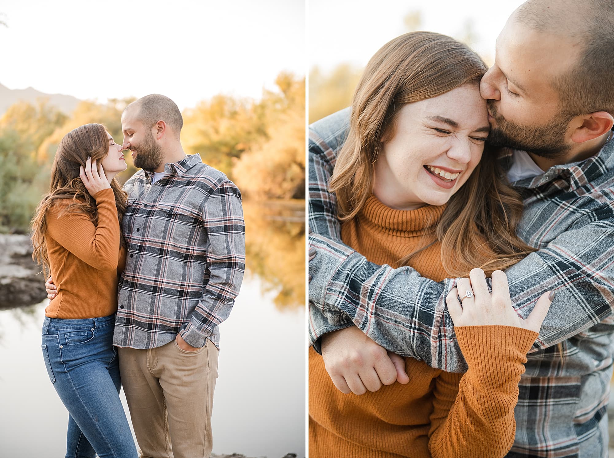 Warm fall engagement session at Coon Bluff couple laughing